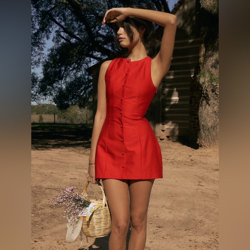 Commense Button-Front Sleeveless Short Dress‎ red size S/4